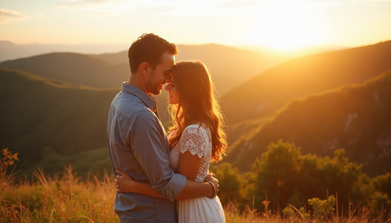 Couple embracing on overlook at sunset; anniversary photo ideas