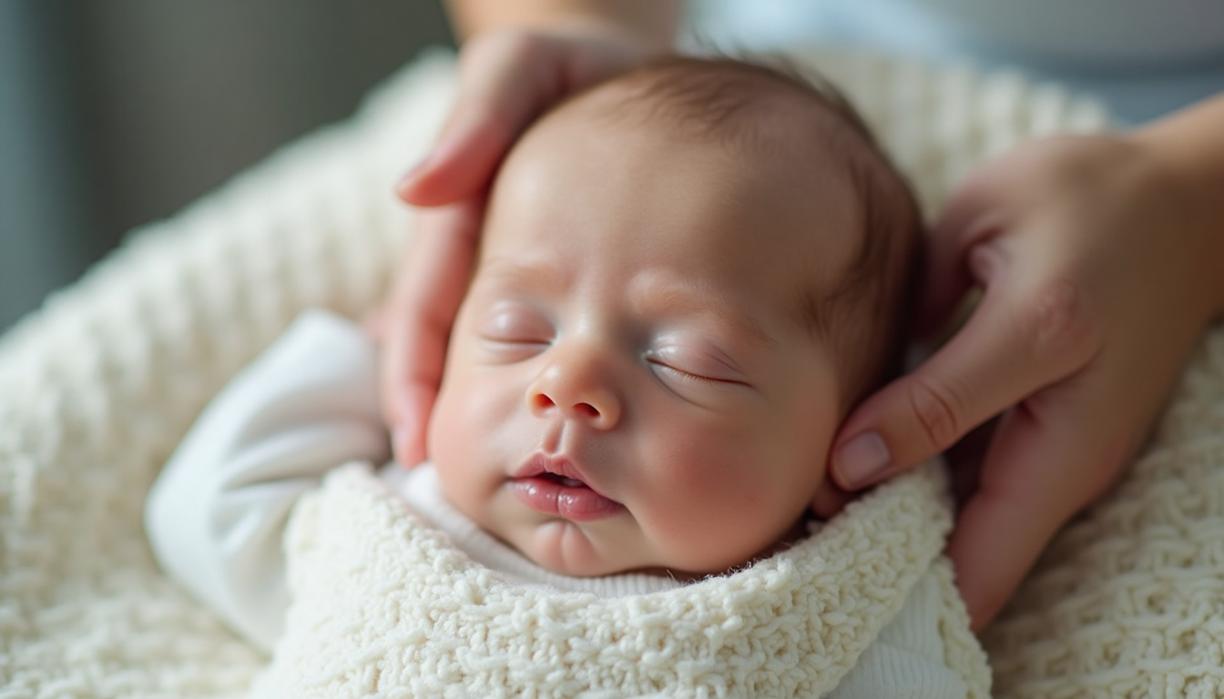 Close-up of adult hands supporting newborn’s head for a safe photo pose