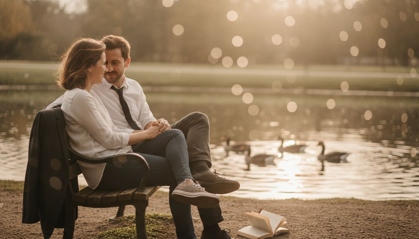 Couple shares quiet moment by pond