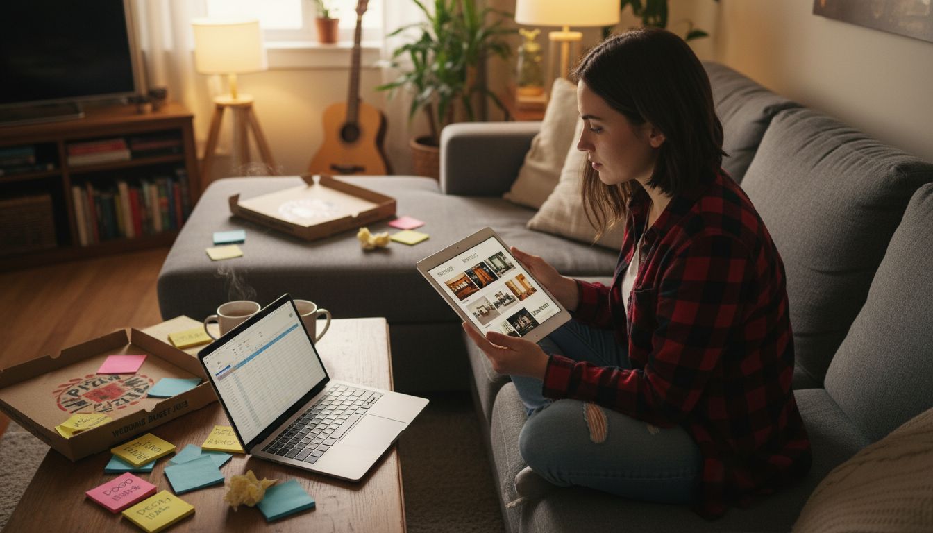 Woman researching engagement venues at home