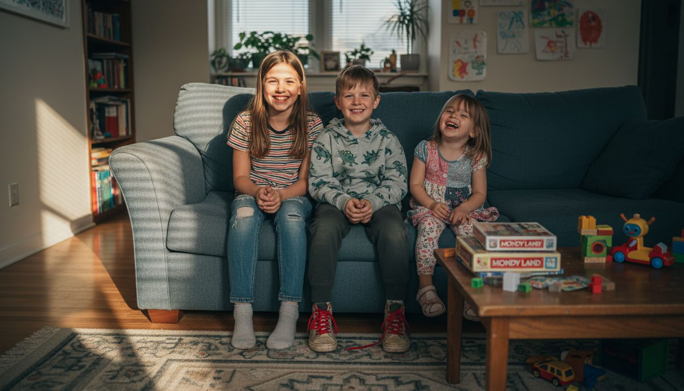 Siblings sitting for posed family portrait