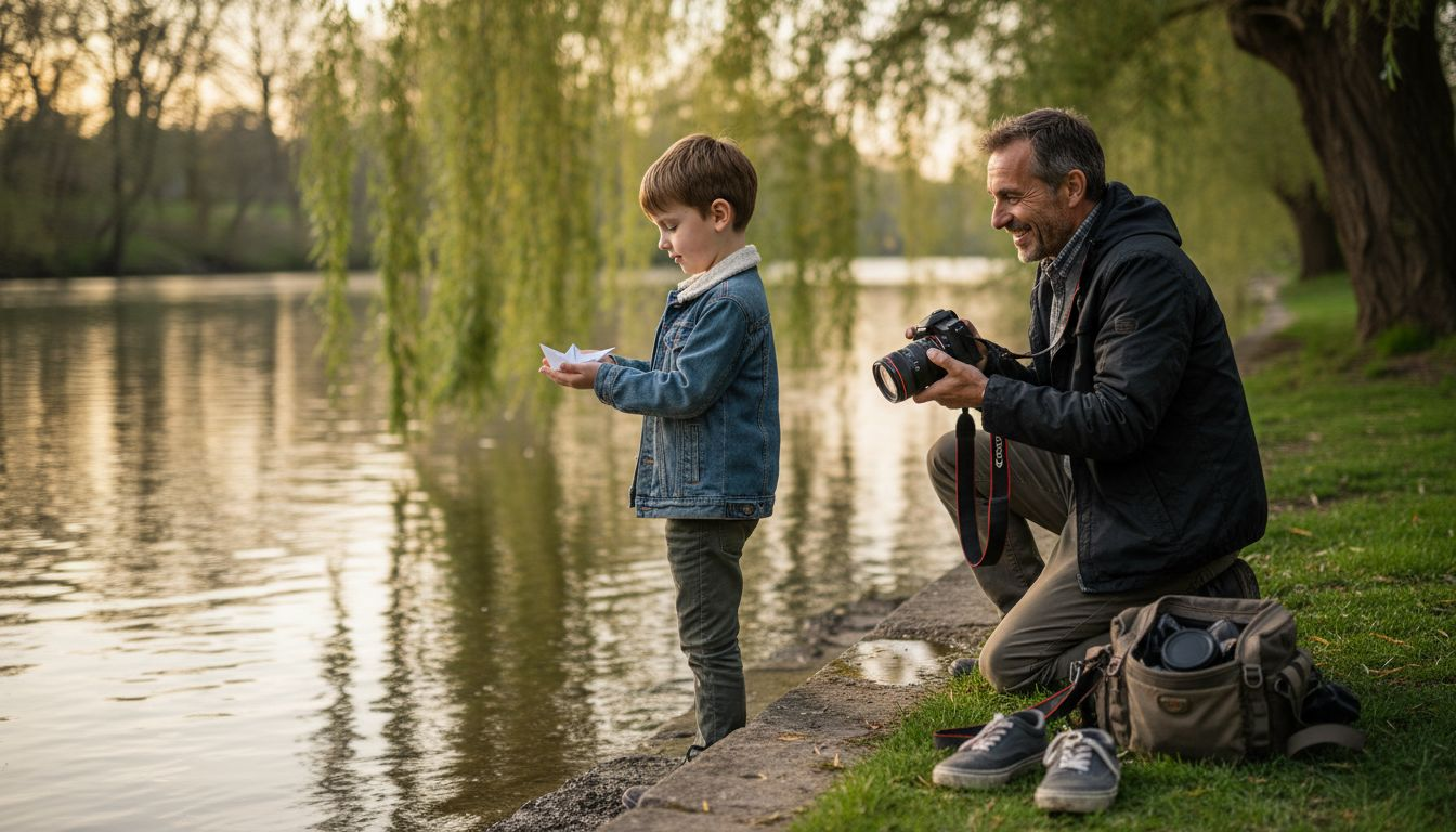 Child and photographer at riverside shoot