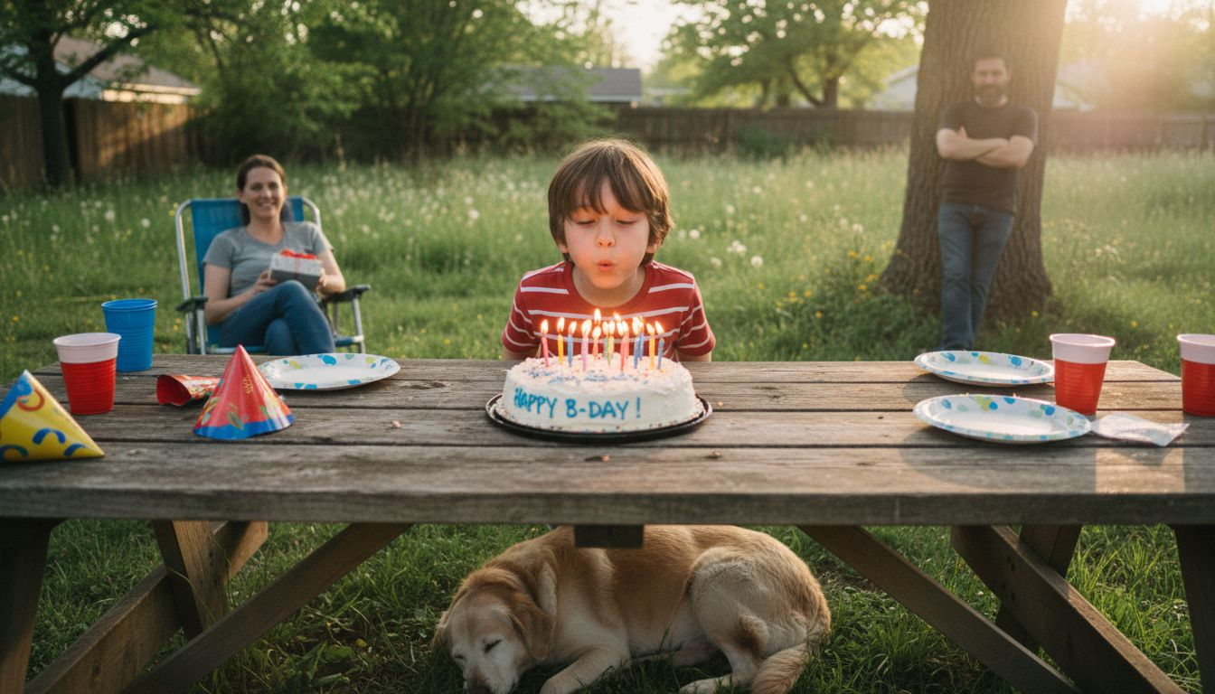 Boy blowing out candles at family birthday