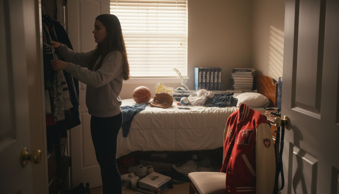 Senior picking outfits in messy bedroom