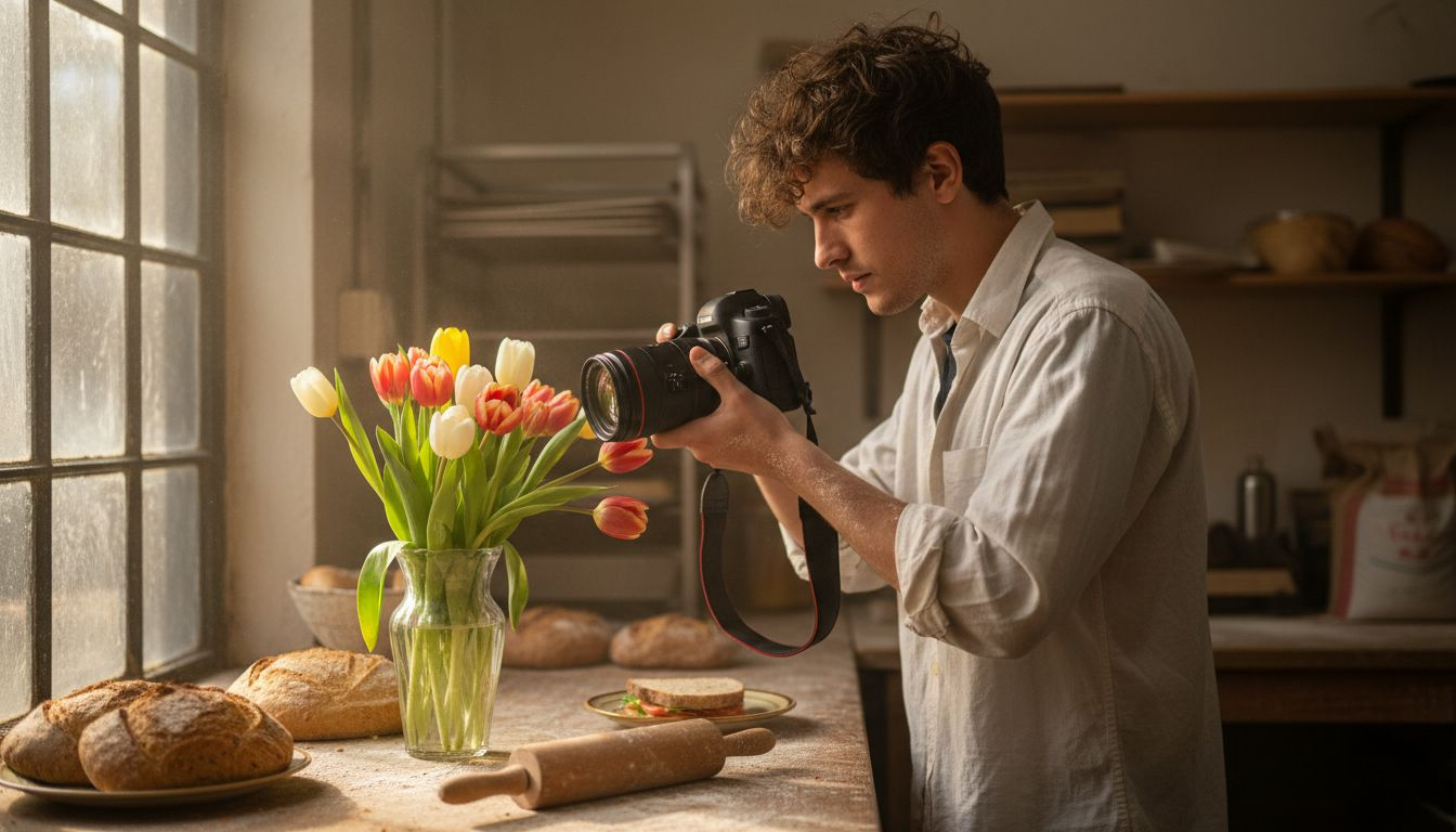 Photographer adjusting scene in busy bakery