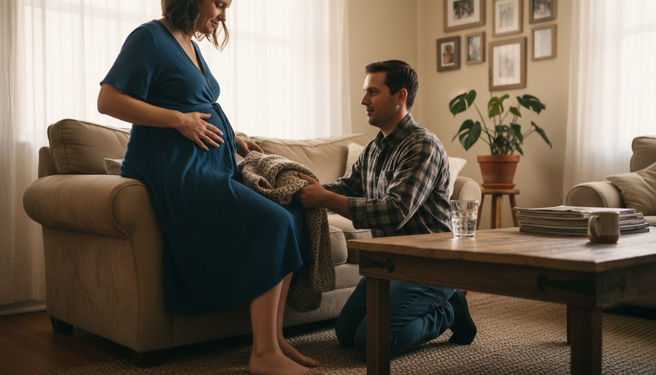 Woman in blue wrap dress adjusting outfit