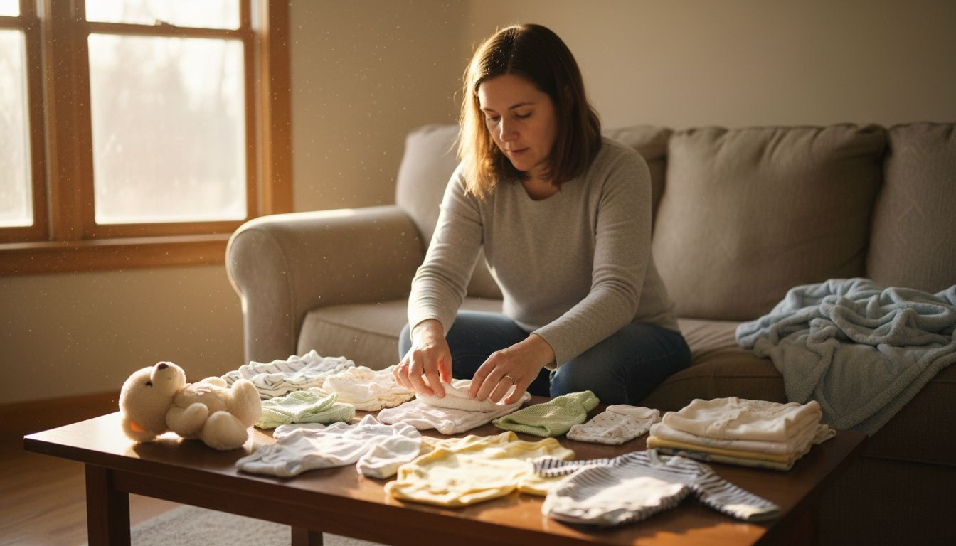 Parent sorting neutral newborn outfits