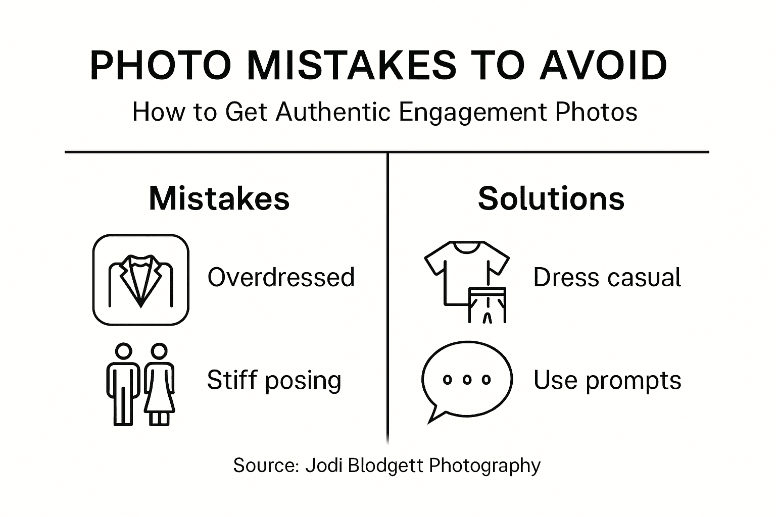 Infographic showing engagement photo mistakes and fixes