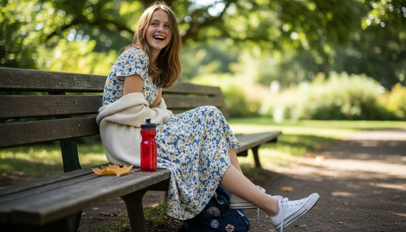 Senior girl relaxed on park bench outdoors