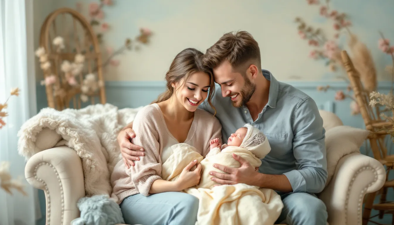 A joyful family experiencing a newborn session in a studio.