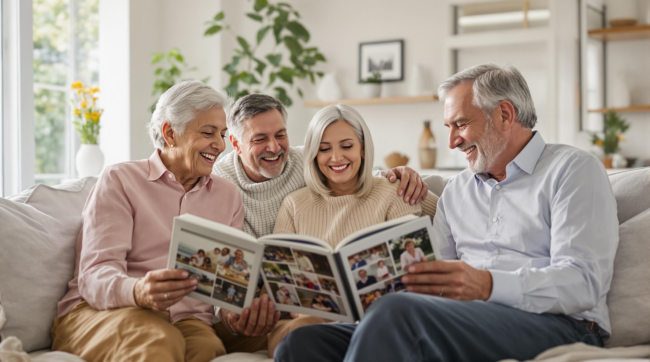 Family sharing memories in a sunlit living room
