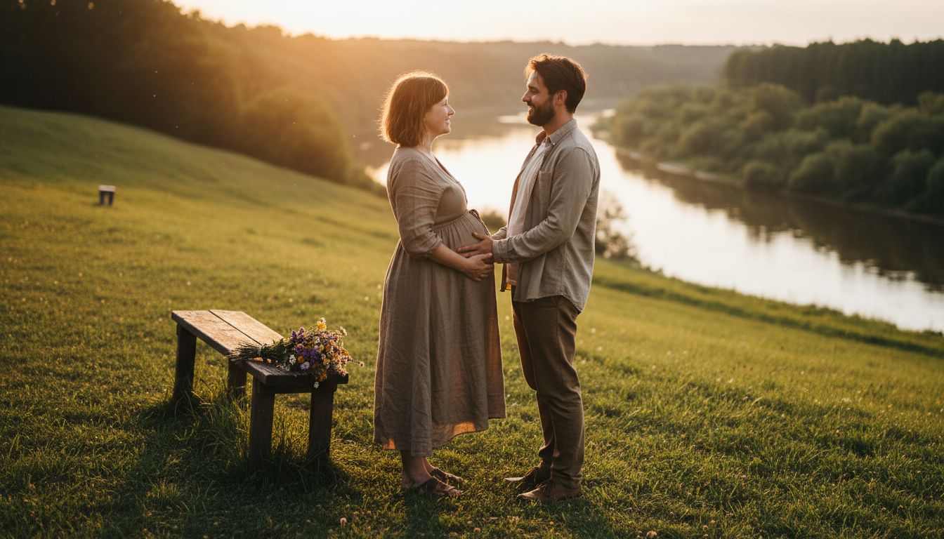 Couple outdoors in maternity photoshoot at sunset