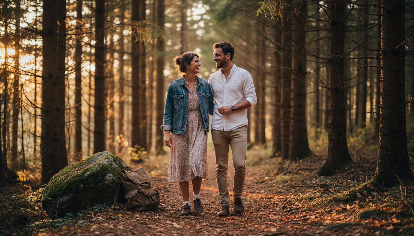 Laughing couple walks woodland path at dusk