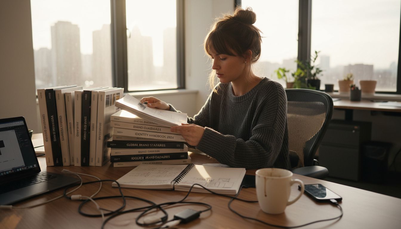 Designer reviewing branding materials in office