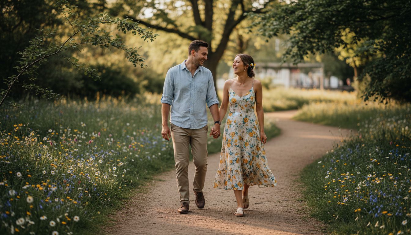 Couple walking through sunlit garden path