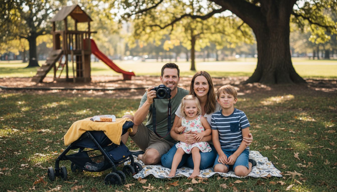 Family gathered safely in shaded park