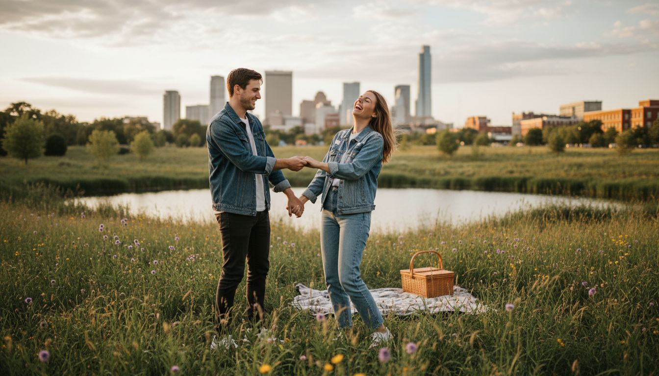 Playful couple laughing in sunlit city park