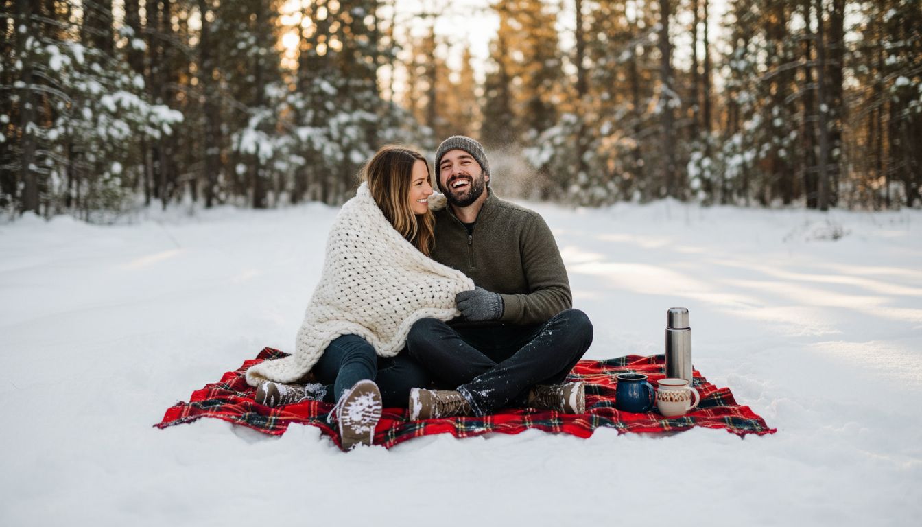 Engaged couple wrapped in blanket sitting on snow Engaged couple wrapped in blanket sitting on snow
