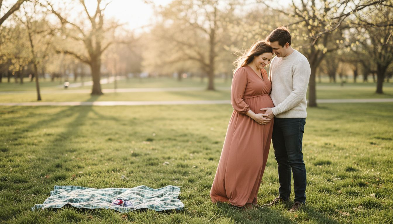 Embracing couple in park maternity photoshoot