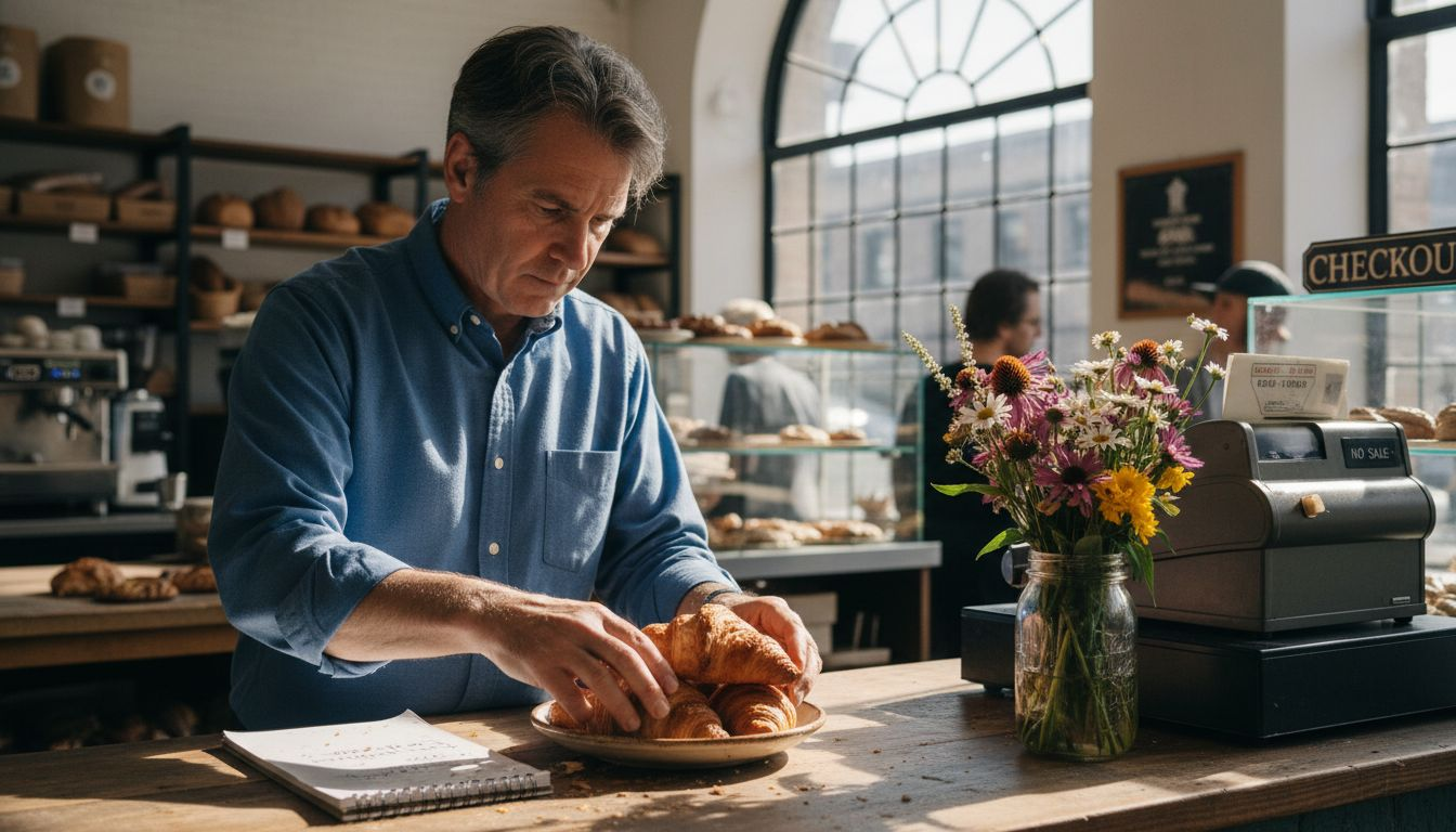 Bakery owner arranging pastries at counter Bakery owner arranging pastries at counter