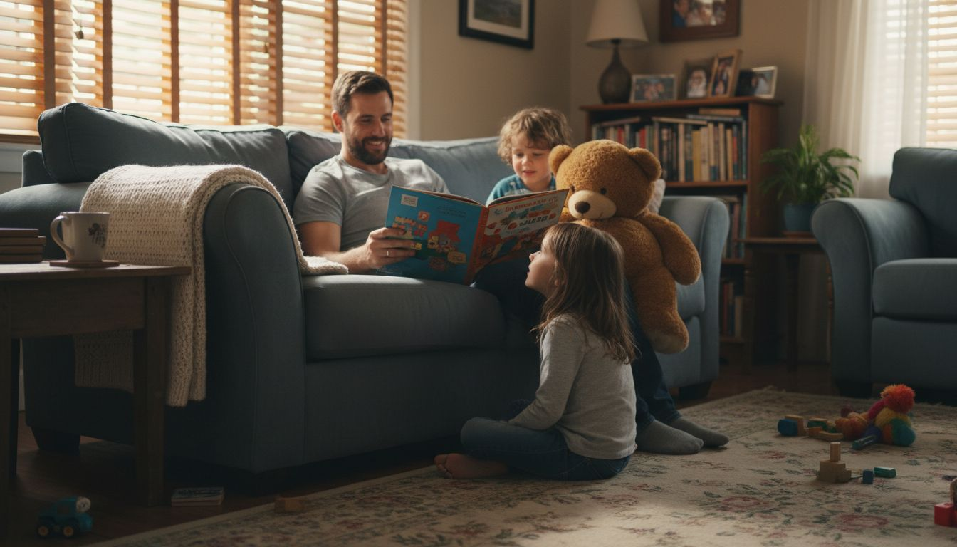 Family sharing candid moment reading together