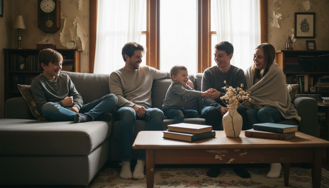 Family laughing in cozy living room portrait Family laughing in cozy living room portrait