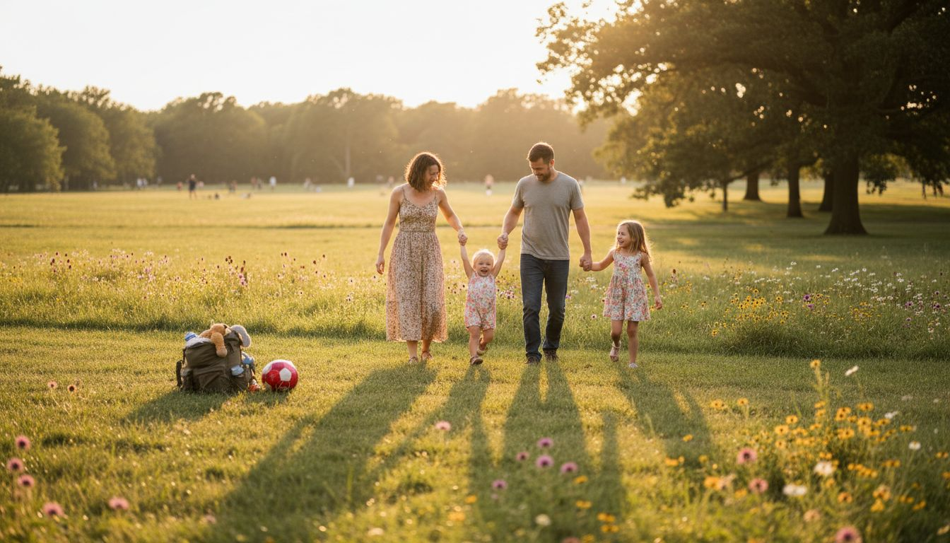 Family walking together in park at golden hour