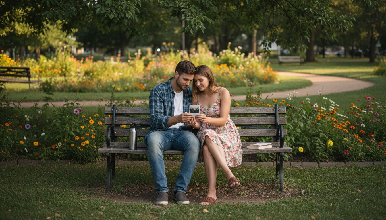 Couple sharing candid moment on park bench Couple sharing candid moment on park bench