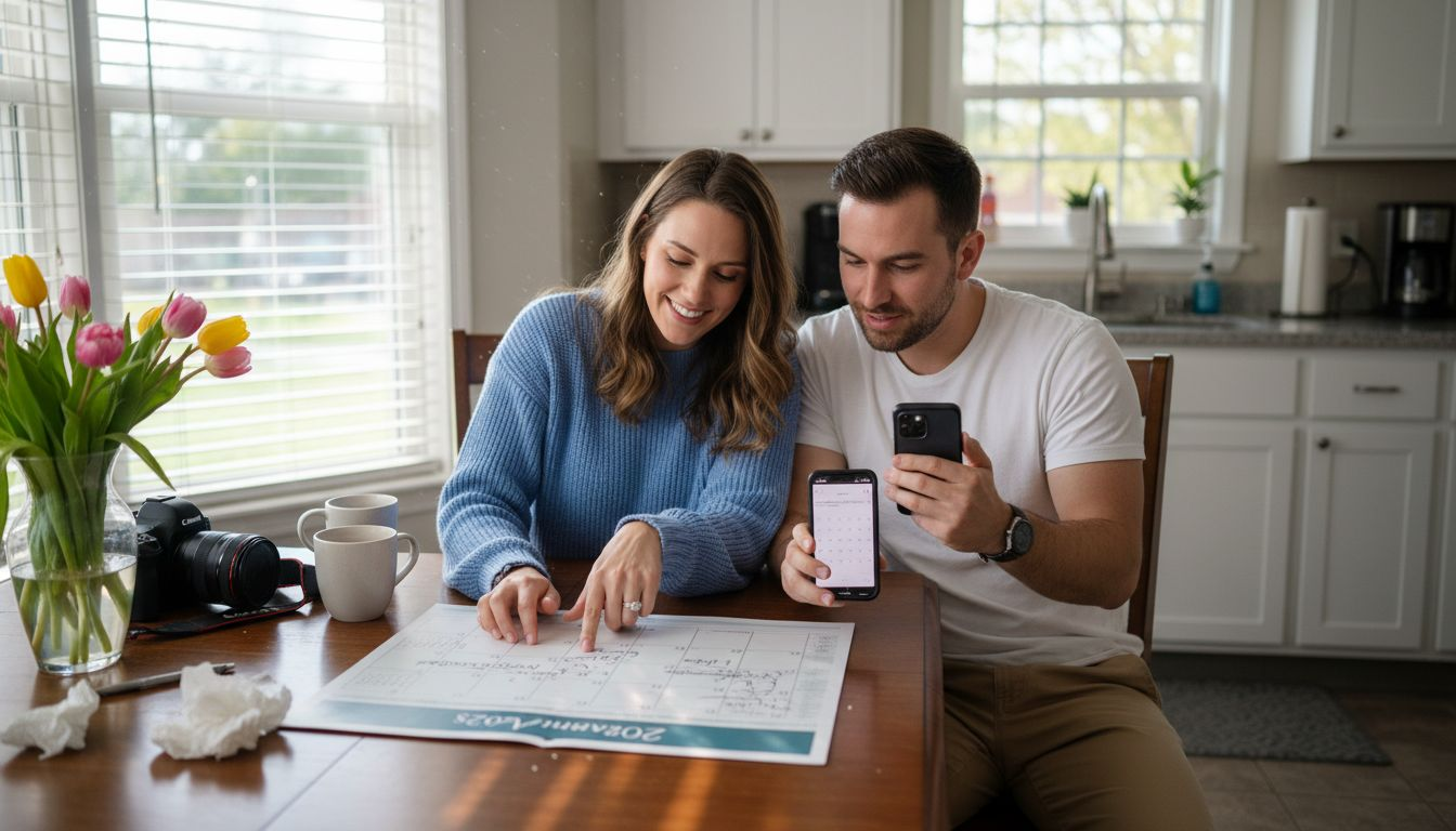 Couple choosing engagement photo session date