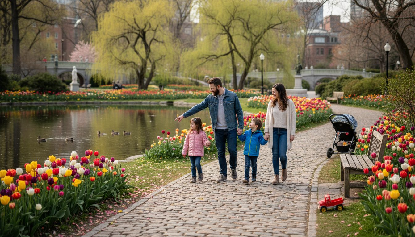 Family walking in Boston Public Garden Family walking in Boston Public Garden