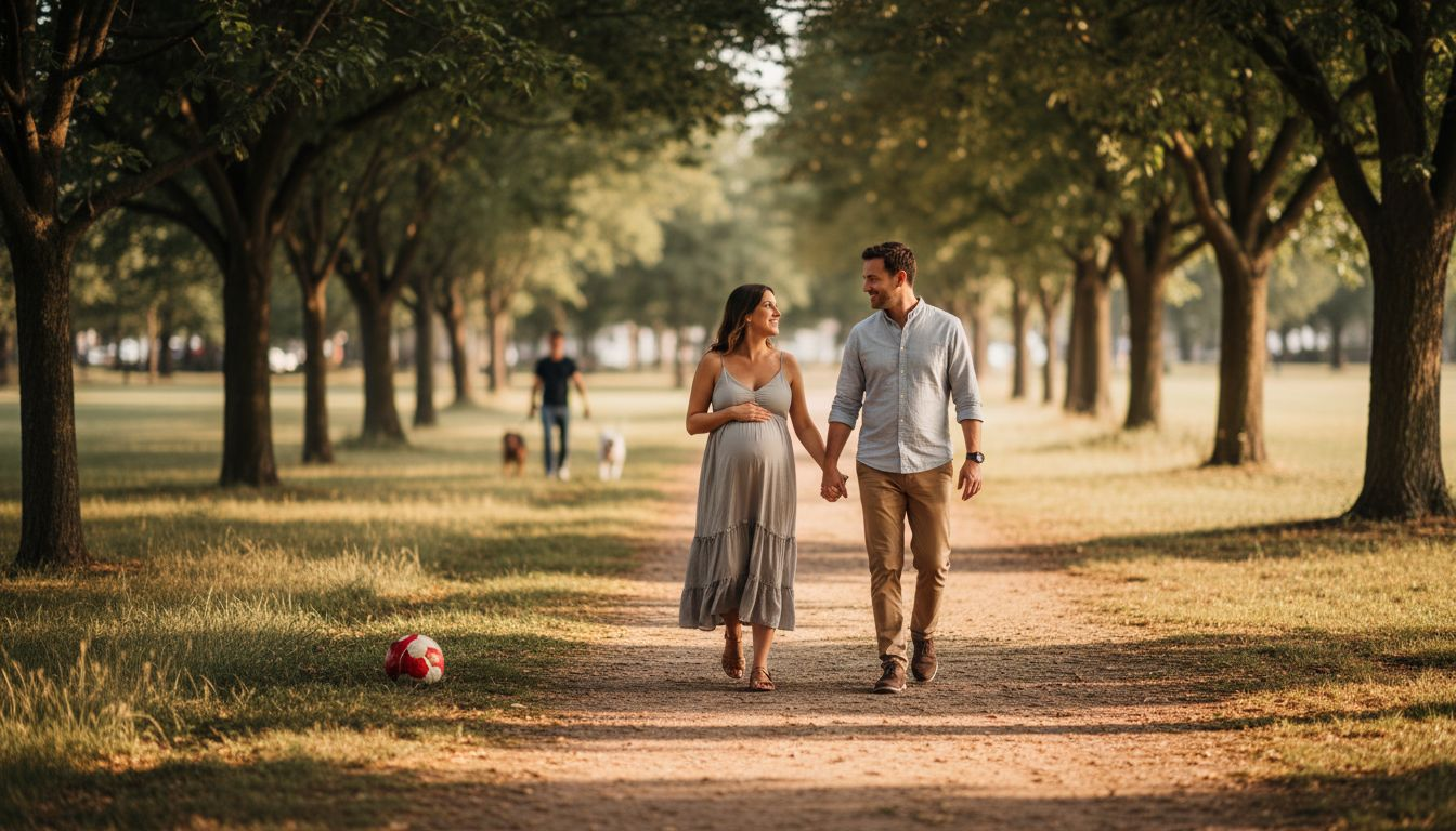 Couple walks holding hands for maternity photo