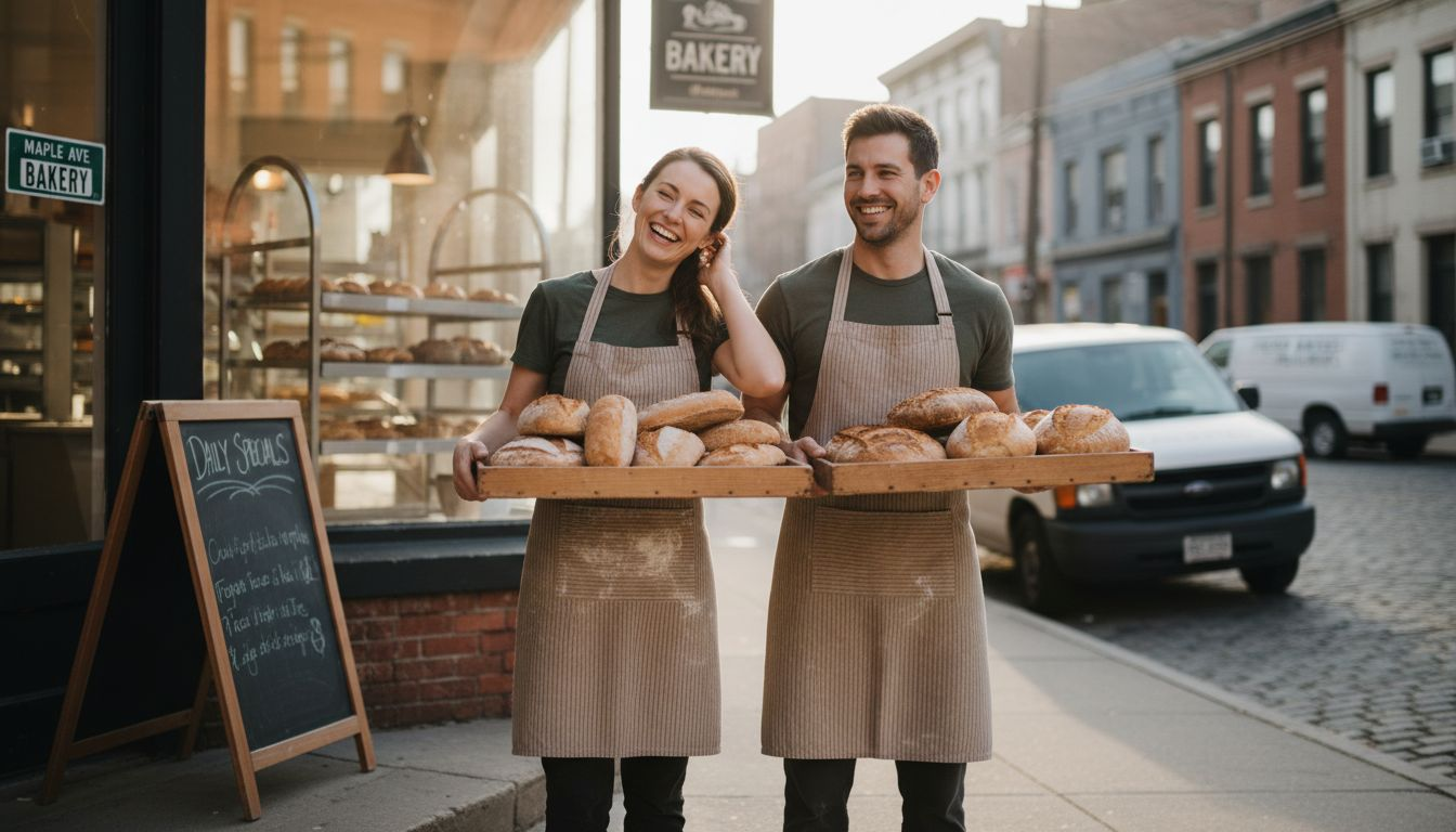 Business owners outside bakery with bread trays Business owners outside bakery with bread trays