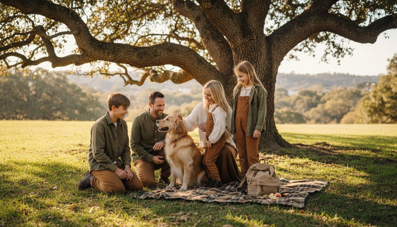 Family in earth tone outfits outdoors under oak tree