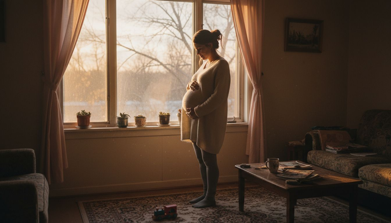 Pregnant woman stands by sunlit window