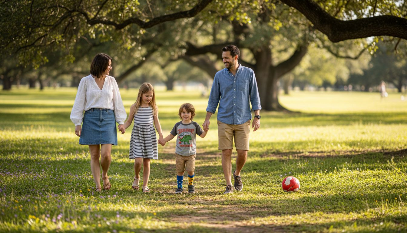 Family walking in park during photo shoot Family walking in park during photo shoot