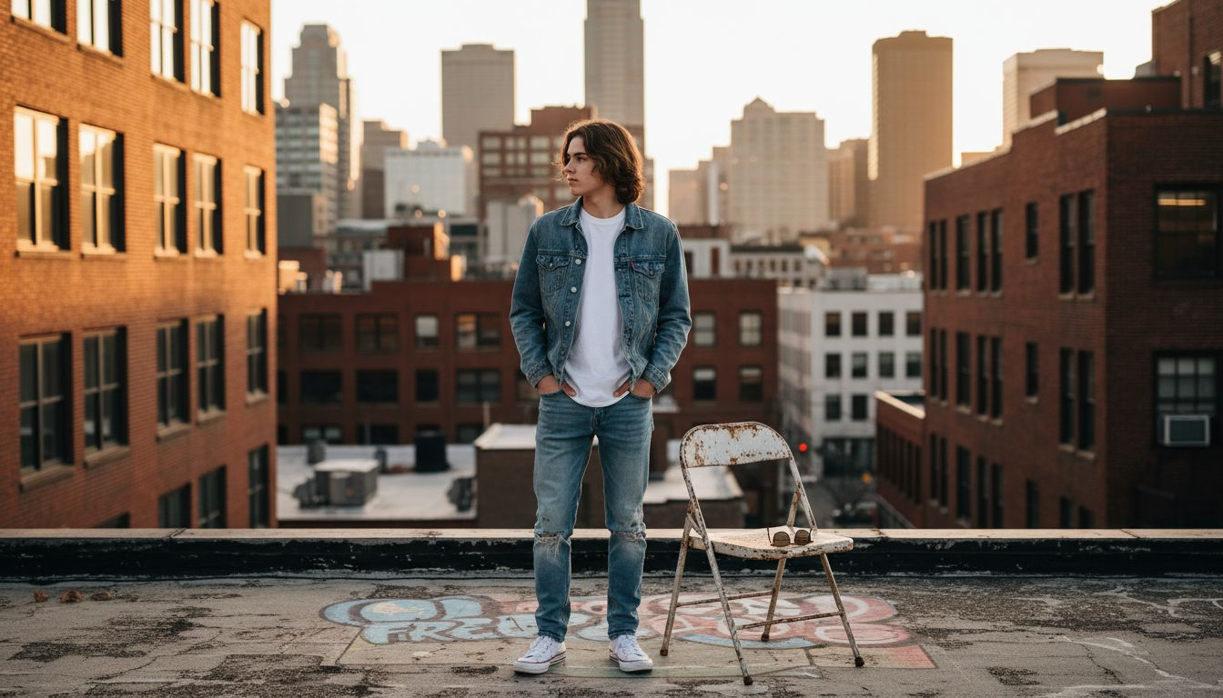 Teen posing casually on city rooftop