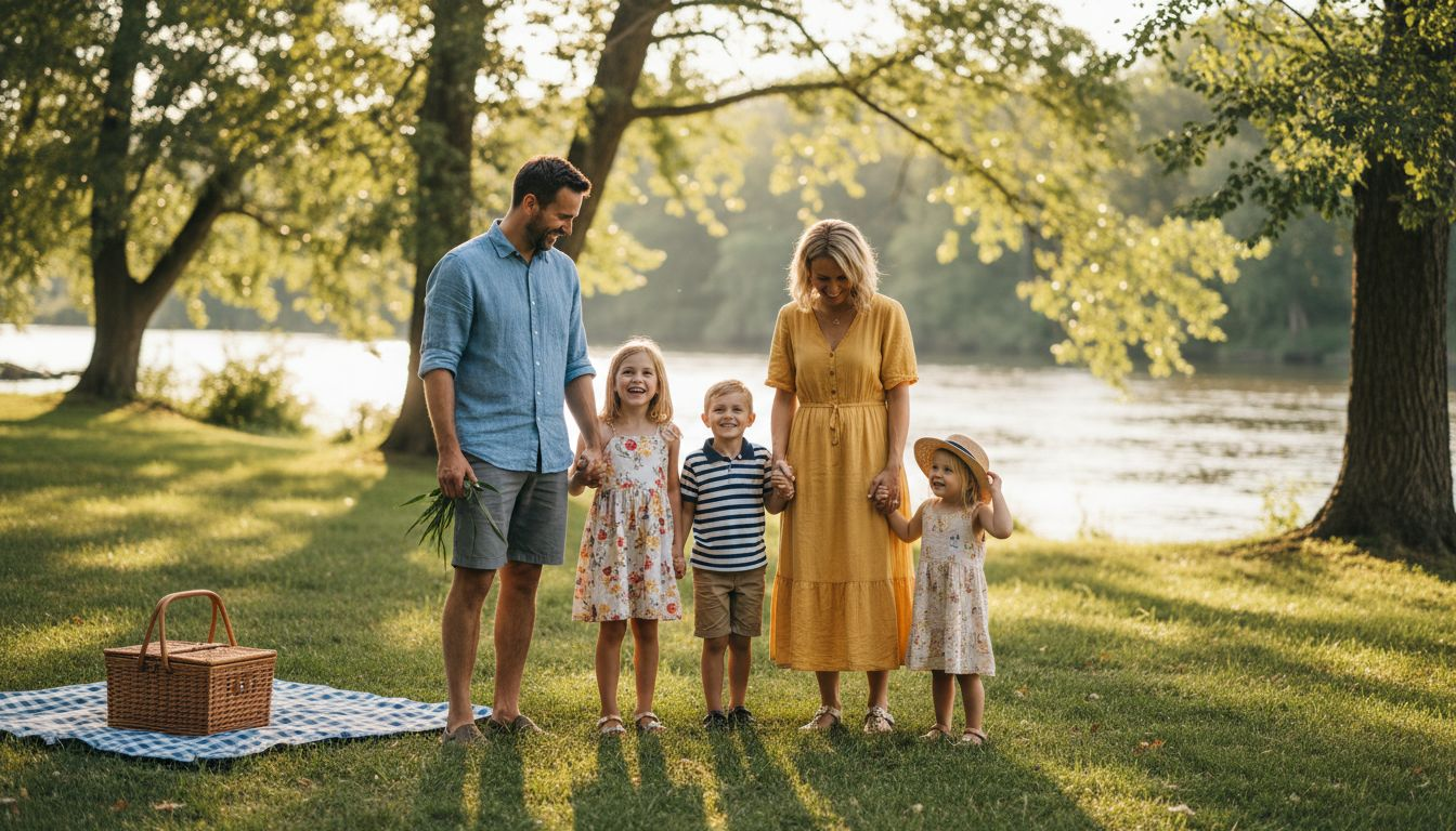 Summer family gathers for outdoor photo