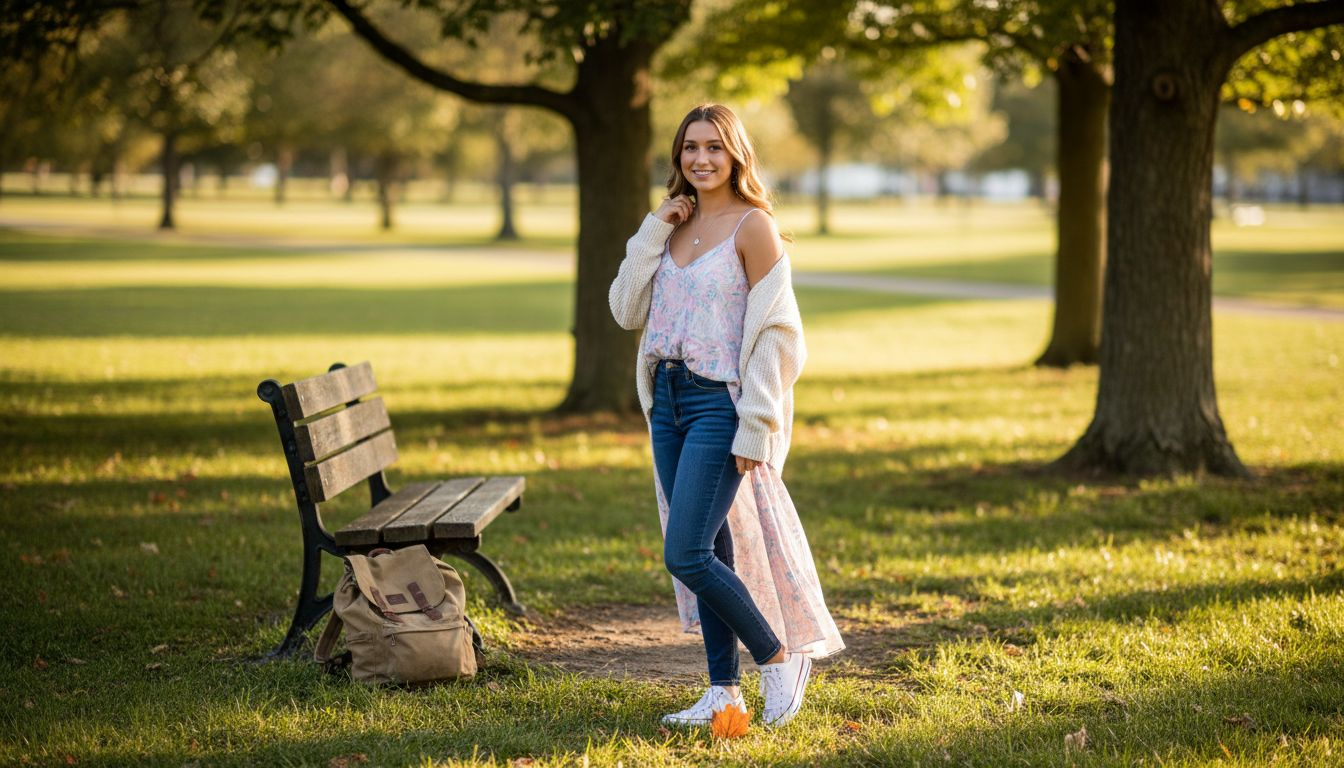 Senior student in park wearing cute layered outfit