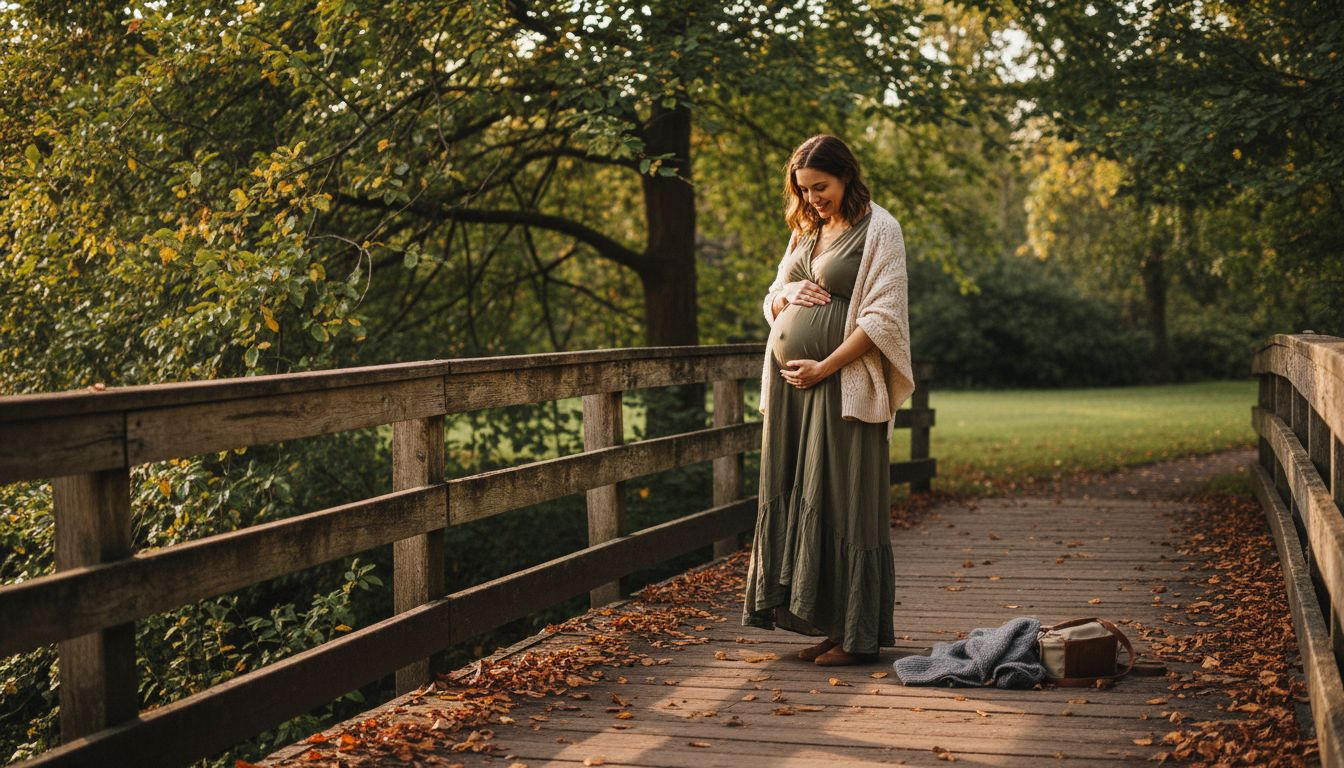 Pregnant woman on wooden park bridge