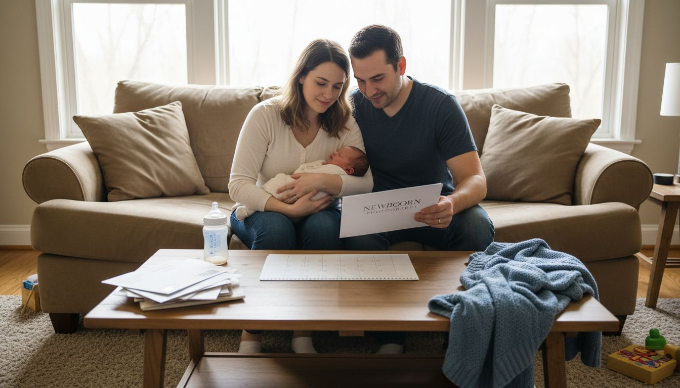 Couple reviewing newborn booking calendar