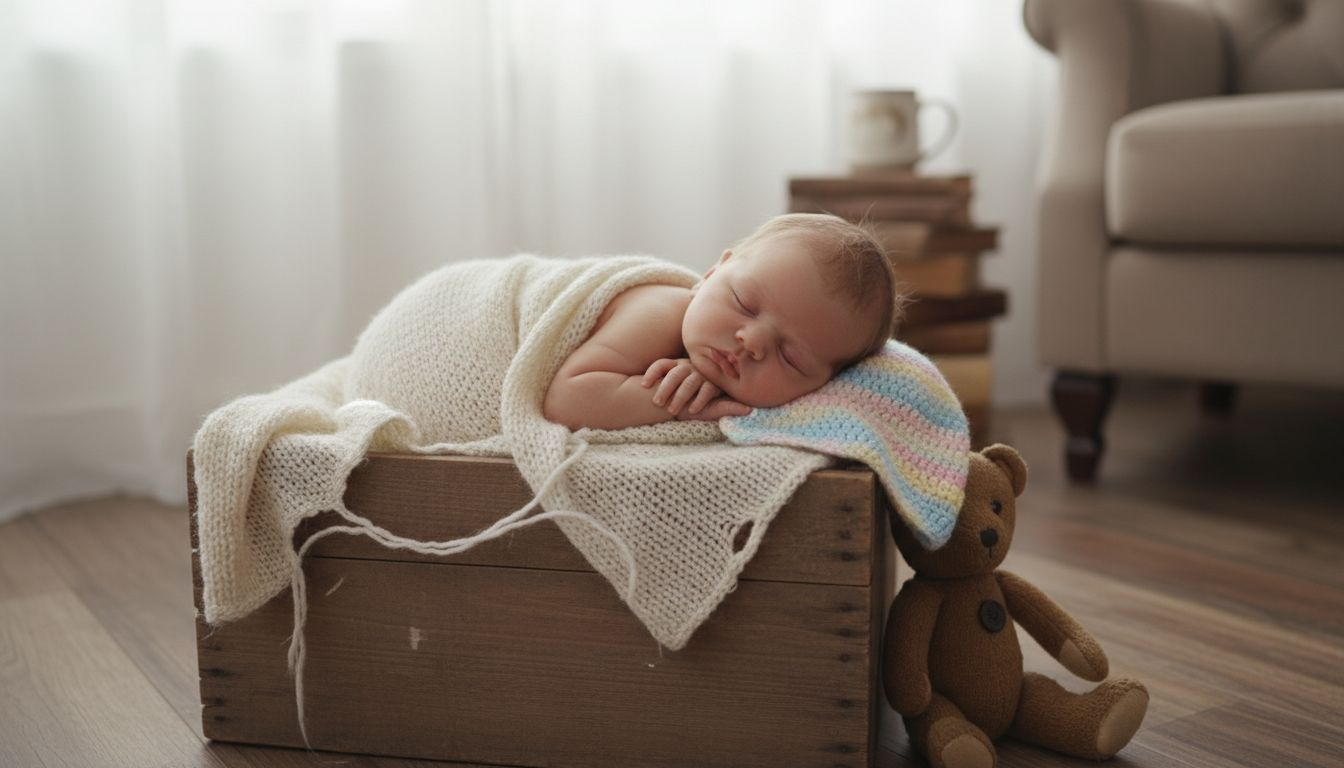 Sleeping newborn on creative photo props