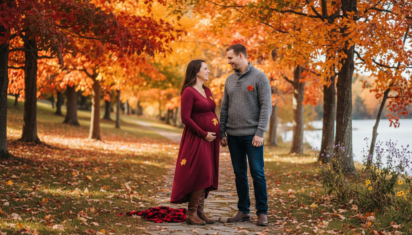 Couple outdoors at New England lake in fall