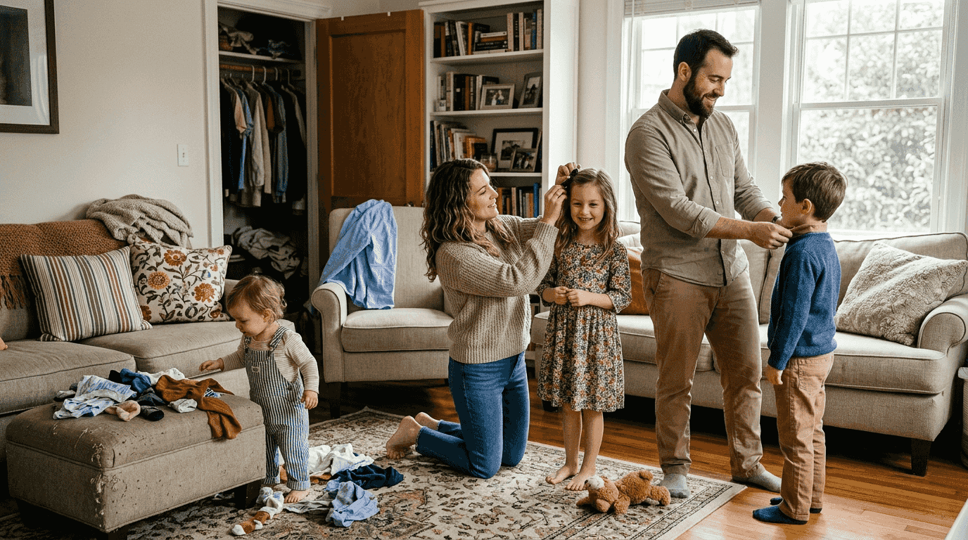 Family preparing for photo session at home Family preparing for photo session at home