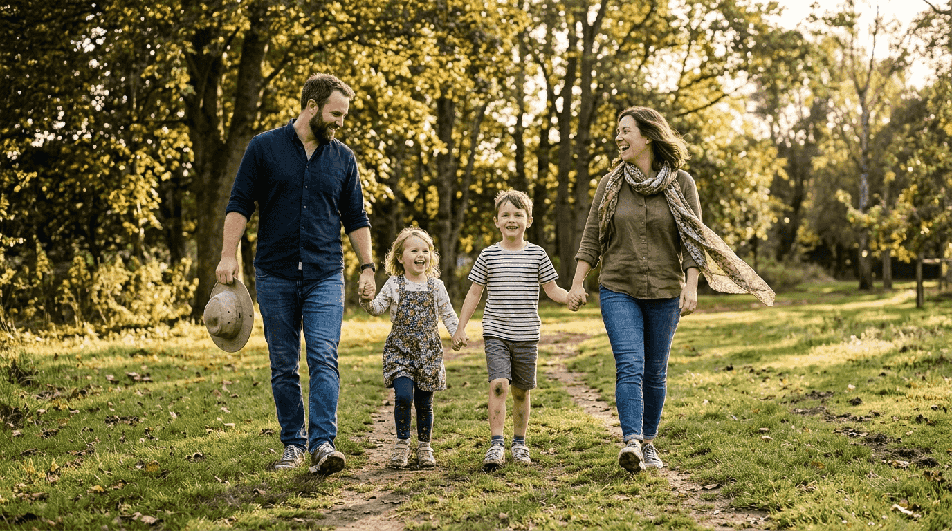Family walking in park at golden hour Family walking in park at golden hour