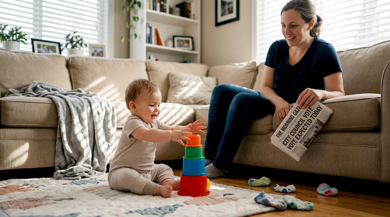 Baby reaching for stacking toy in living room