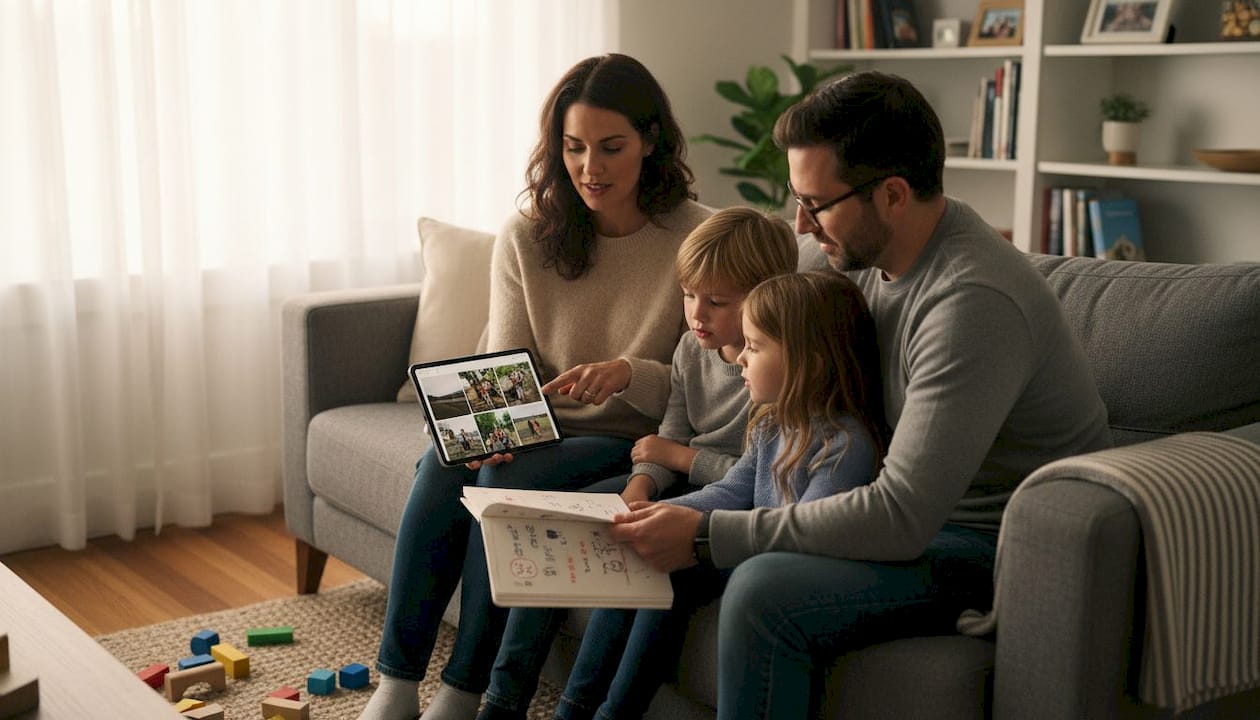 Family reviewing photographer options at home Family reviewing photographer options at home