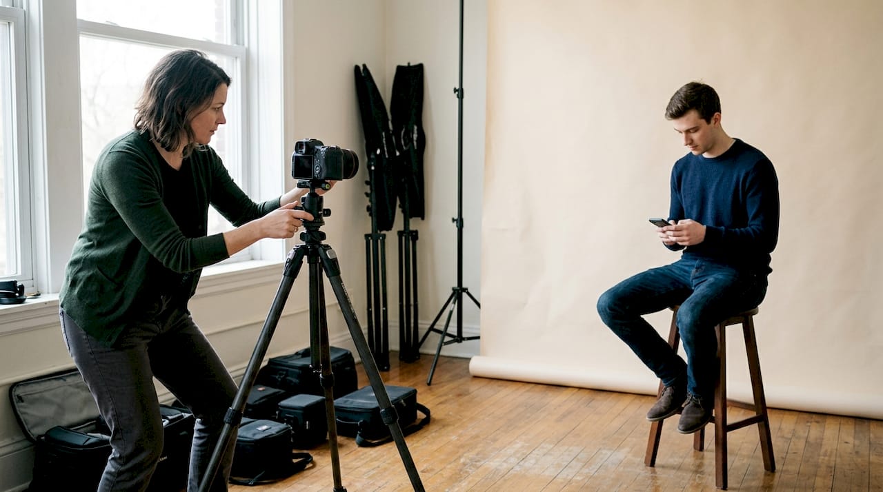 Portrait photographer prepping studio session