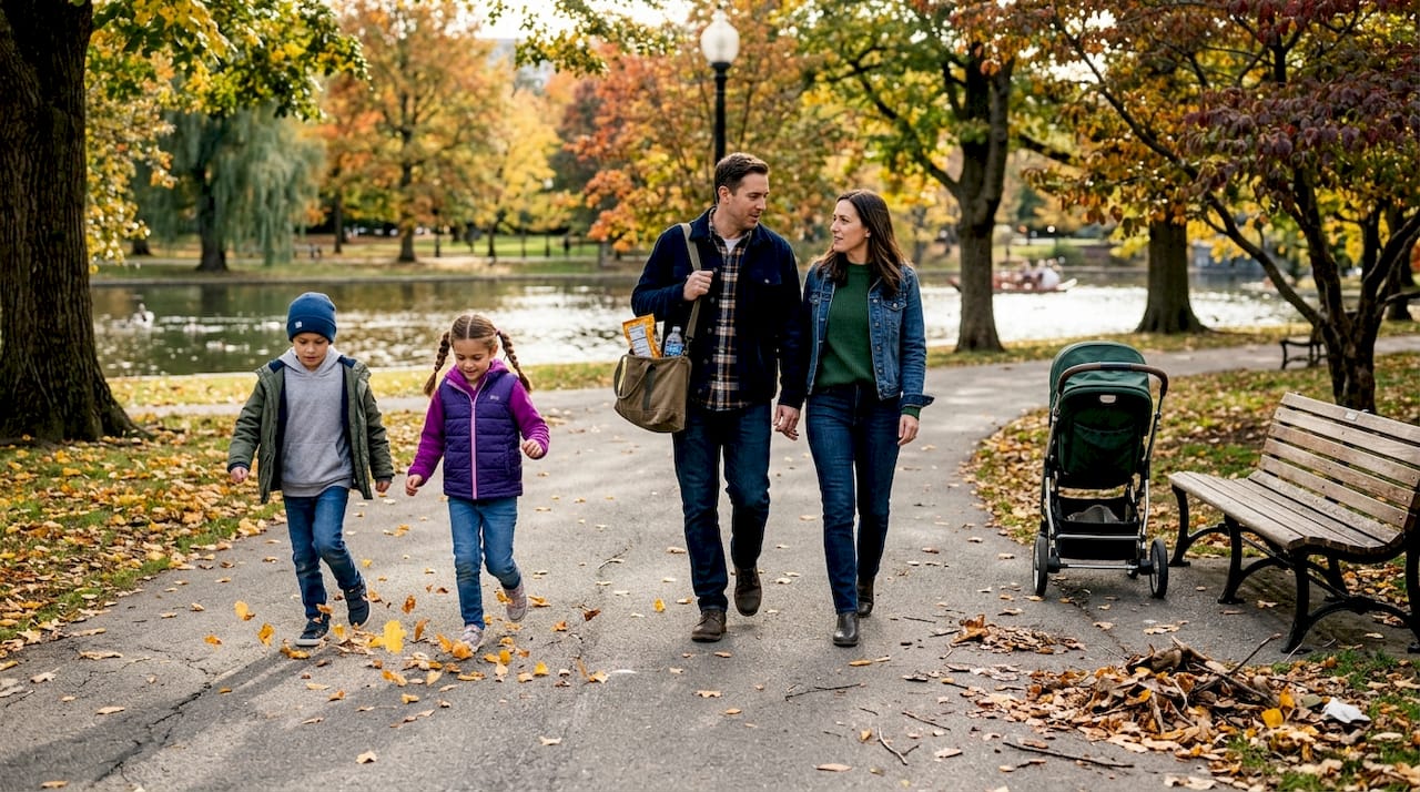 Family walking in Boston Public Garden