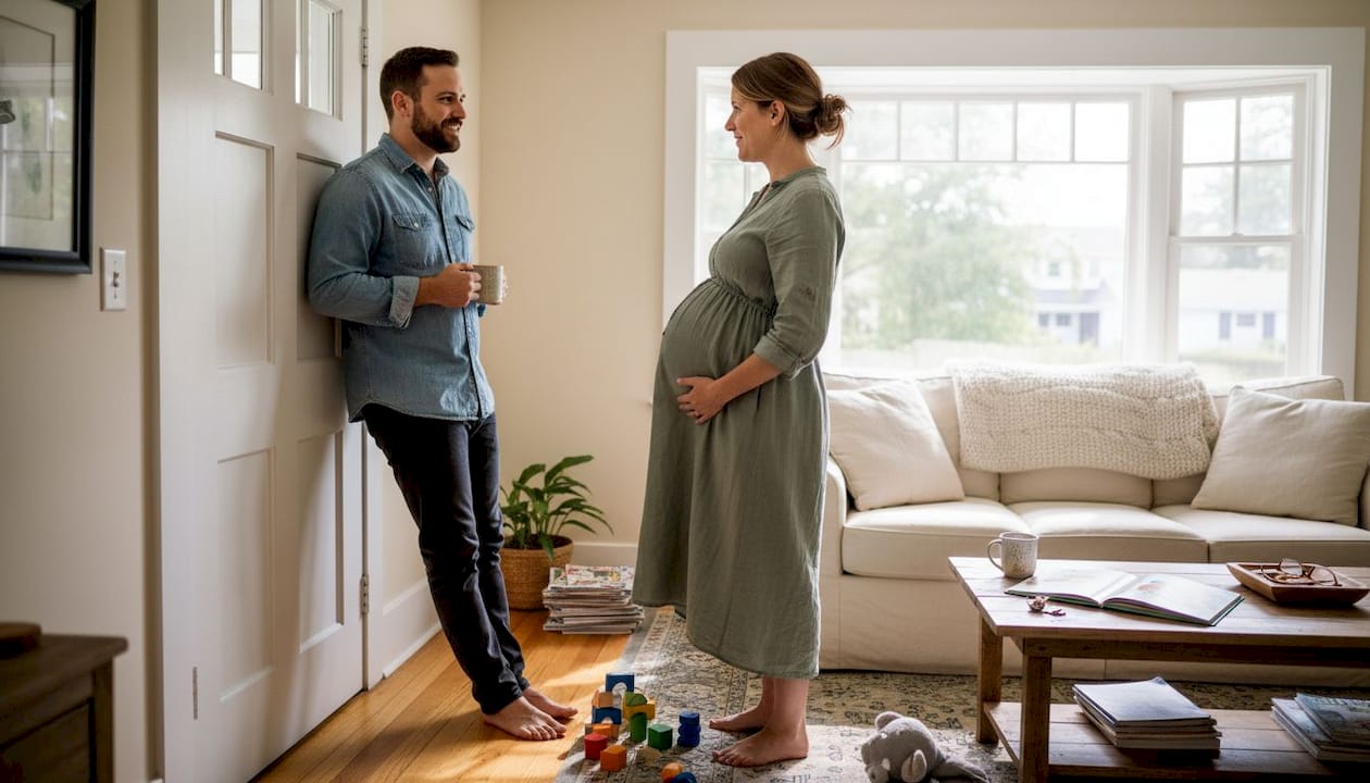 Expecting couple chatting in sunlit living room