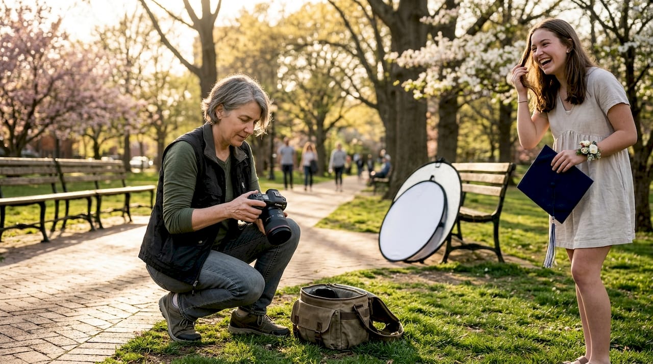 Photographer preparing for outdoor graduation portrait